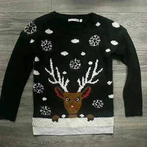 Notations Black Rudolph Reindeer Holiday Christmas Sweater Long Sleeves Size PS